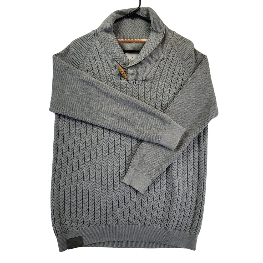 Salute Men L Gray Shawl Neck Minnesota Wild Cable Knit Toggle Sweater NHL Hockey